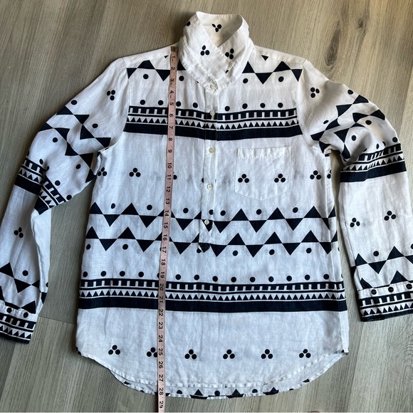 J Crew Linen Size 10 Shirt Blouse Navy Blue White Rollup Sleeves - Picture 13 of 16